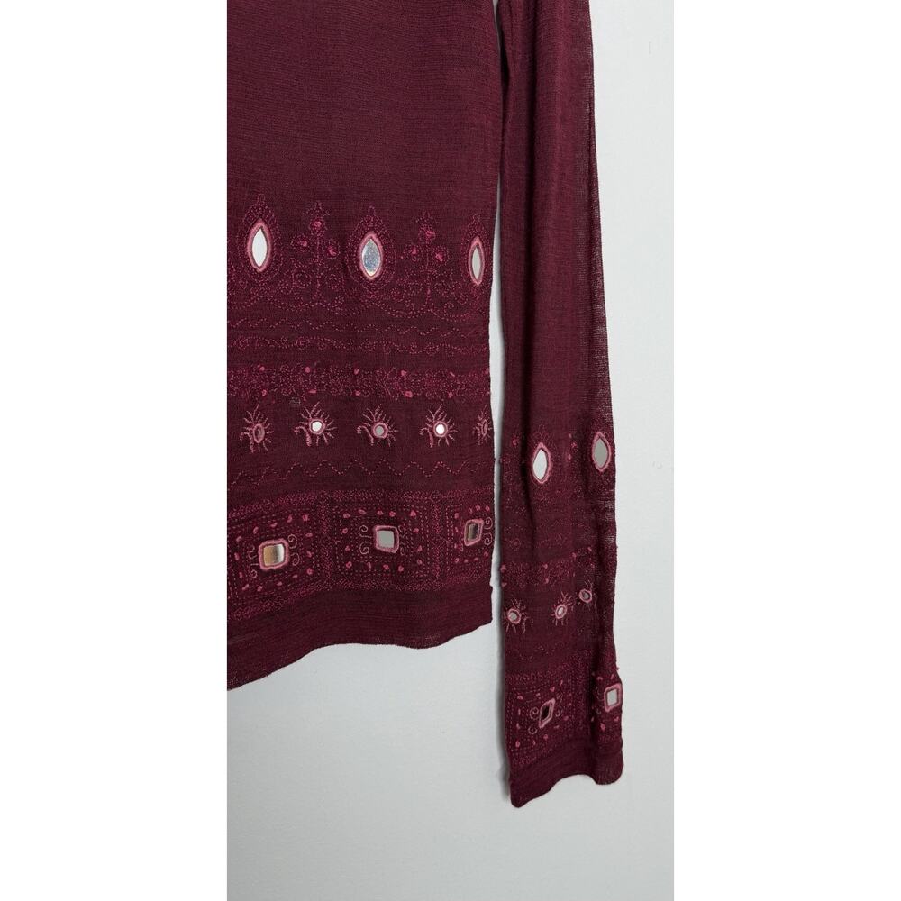 Karen Millen Women's Maroon Embroidered Mesh Sheer Boho Blouse Size 10 - Picture 10 of 10